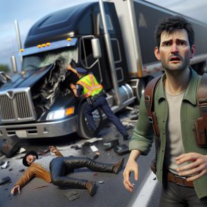 Truck crash aftermath scene.