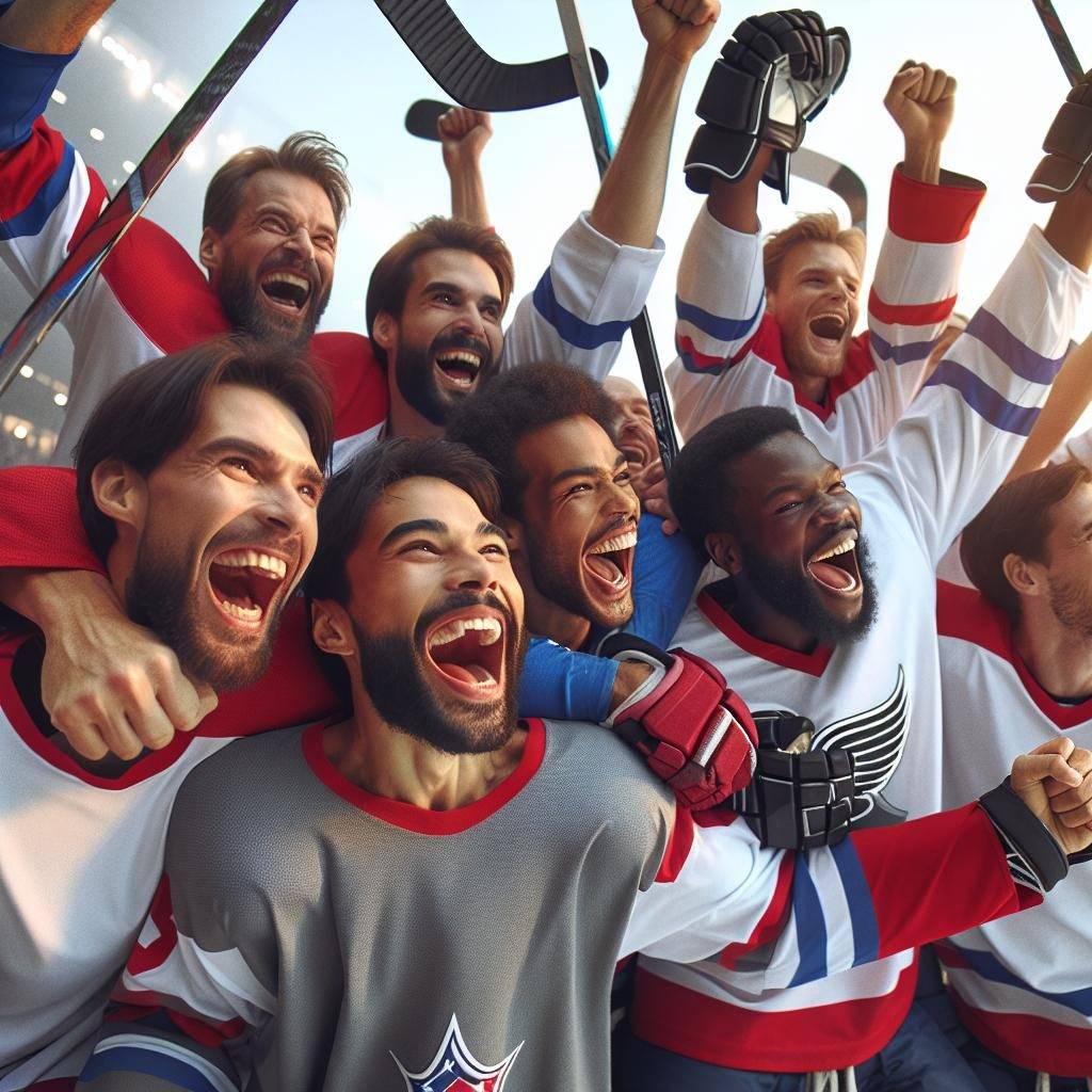 Hockey team celebrates victory.