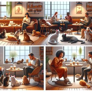 Cozy cat cafe scene.