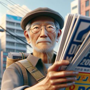 Elderly man posting signs.