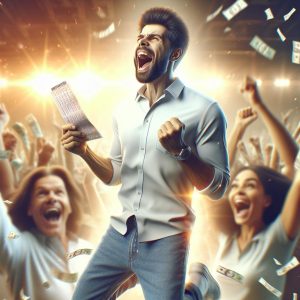 Excited man celebrating lottery win