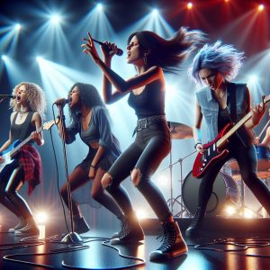 Female rock band performing.