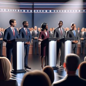 Diverse candidates' debate stage.