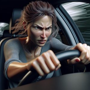 Angry woman drives recklessly.