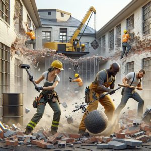 "Construction workers demolishing jail"