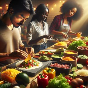 Colorful taco preparation display.