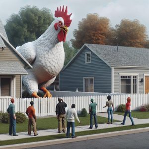 Giant chicken invading suburb.