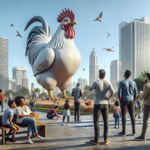 Giant chicken statue in city