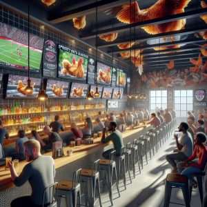 "Chicken-themed sports bar interior"