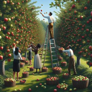 Apple picking joyfulness concept.