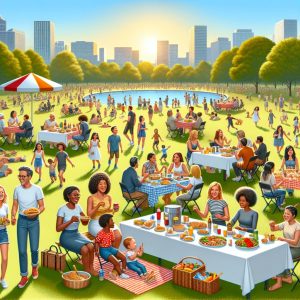 Community potluck picnic illustration.