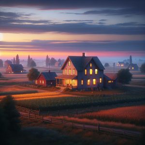 Rural farmhouse at dusk.