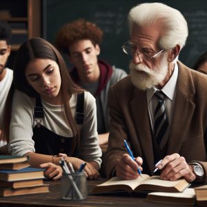 Elderly teacher mentoring students