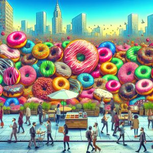 "Doughnuts in cityscape setting"