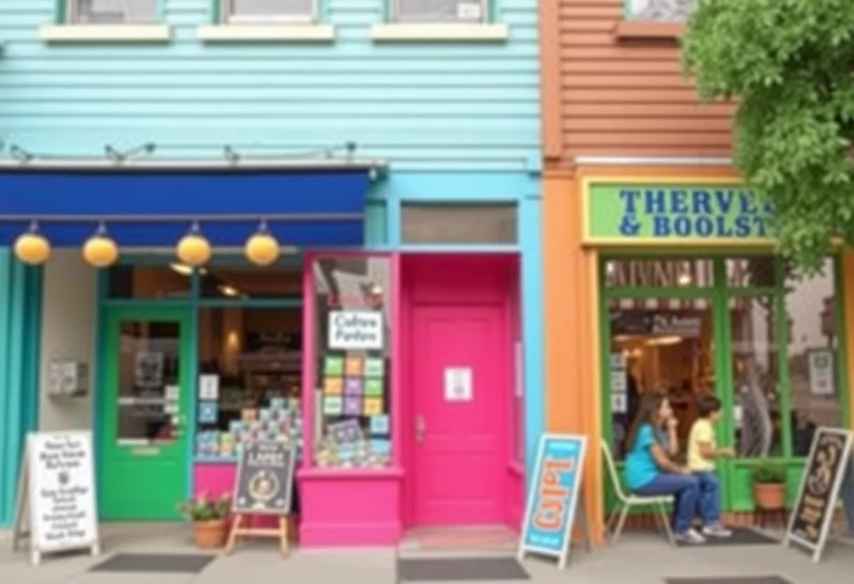 Colorful storefronts showcasing diverse local businesses and community engagement.