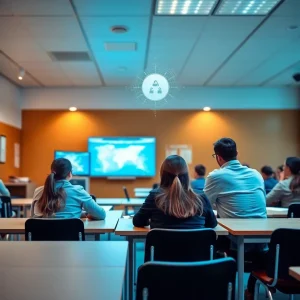 Classroom with advanced AI technology enhancing student safety.