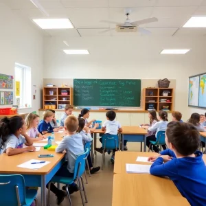 Bright classroom filled with engaged students and educational activities.