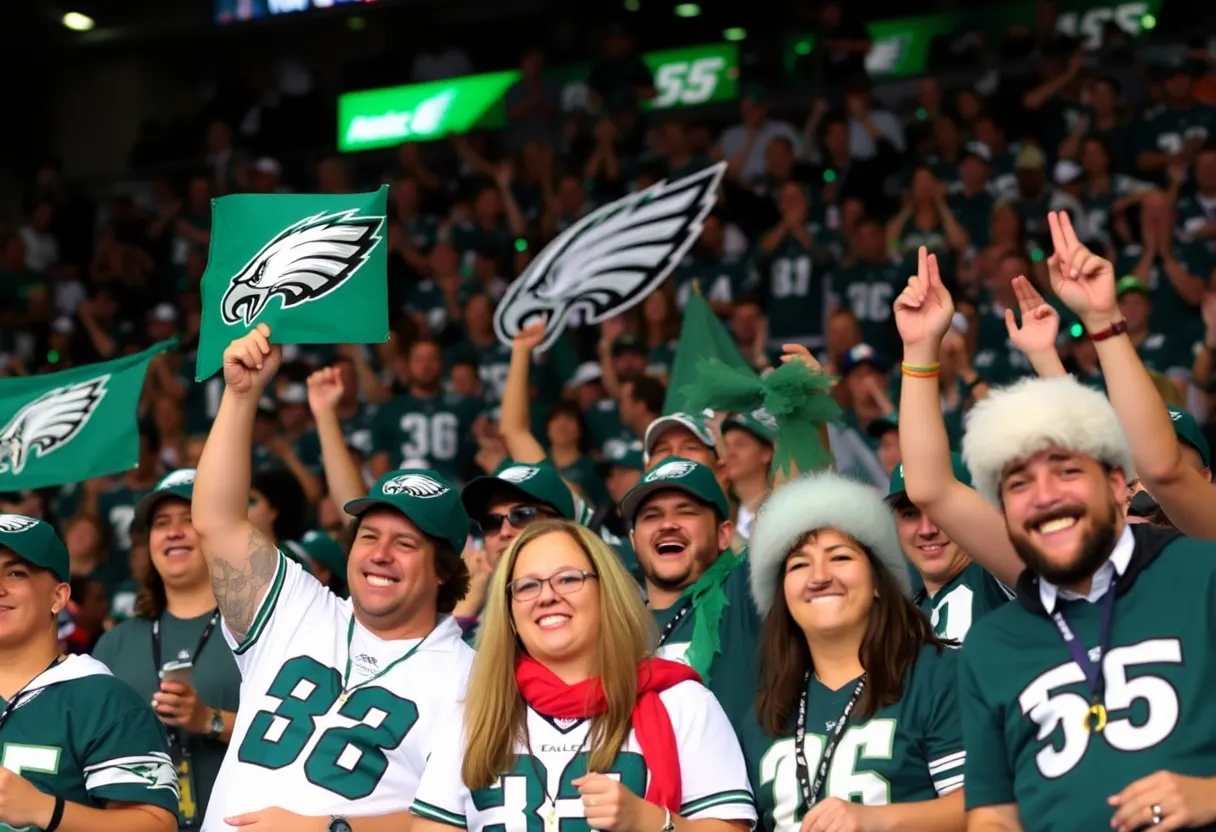 Eagles-themed celebration with fans and vibrant team colors.