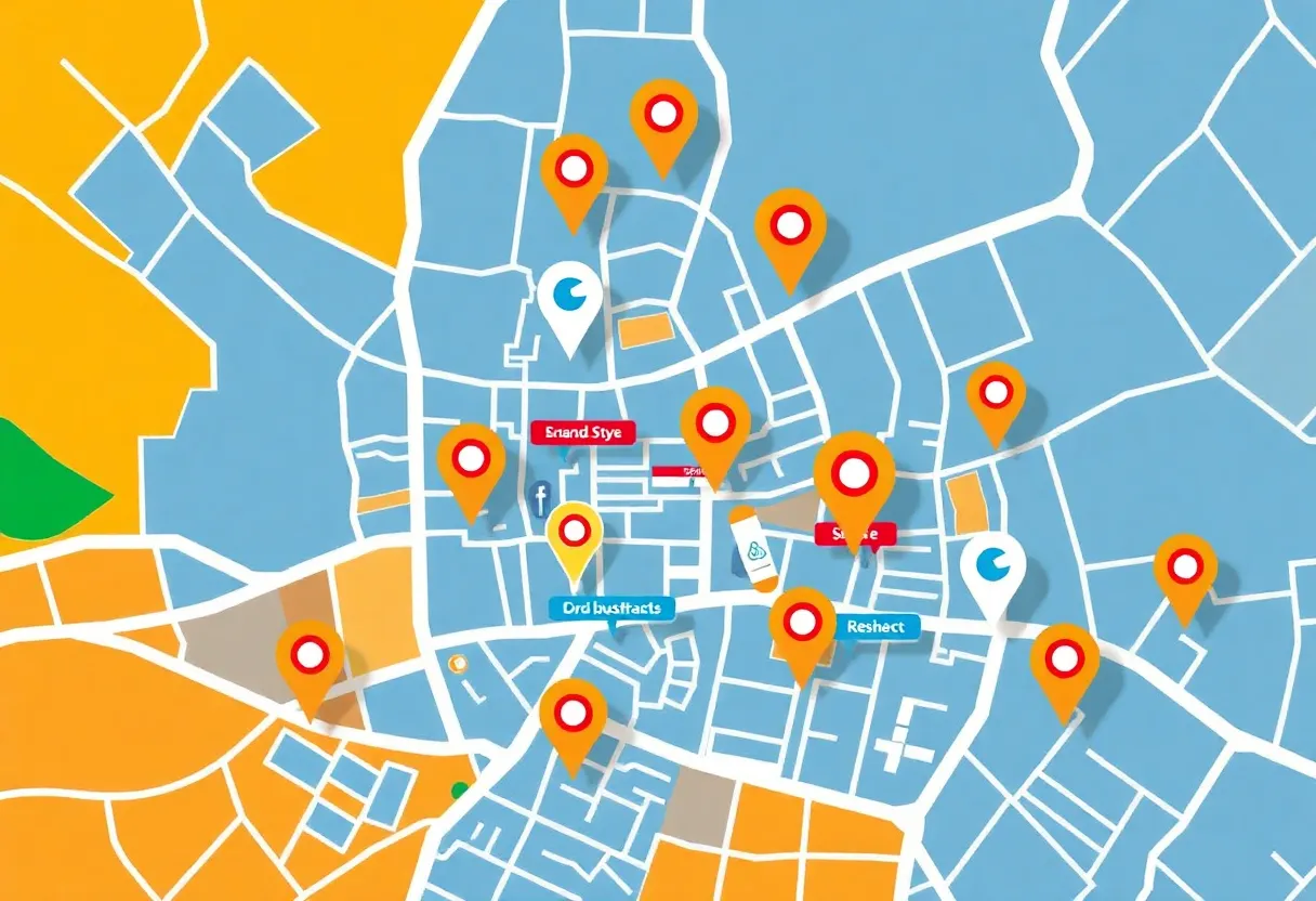 Vibrant city map with local business icons highlighted.