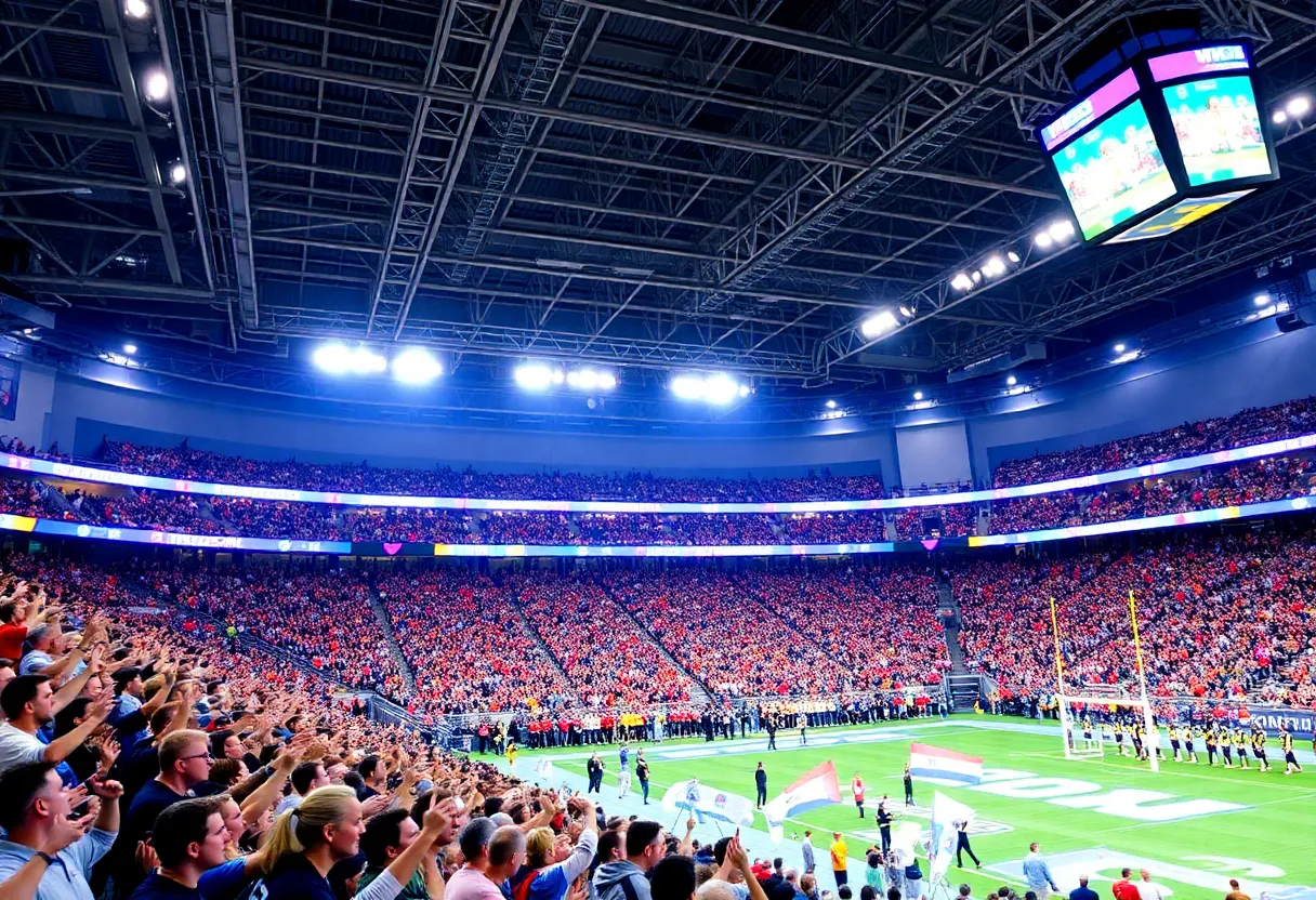 Vibrant sports arena filled with enthusiastic cheering fans.