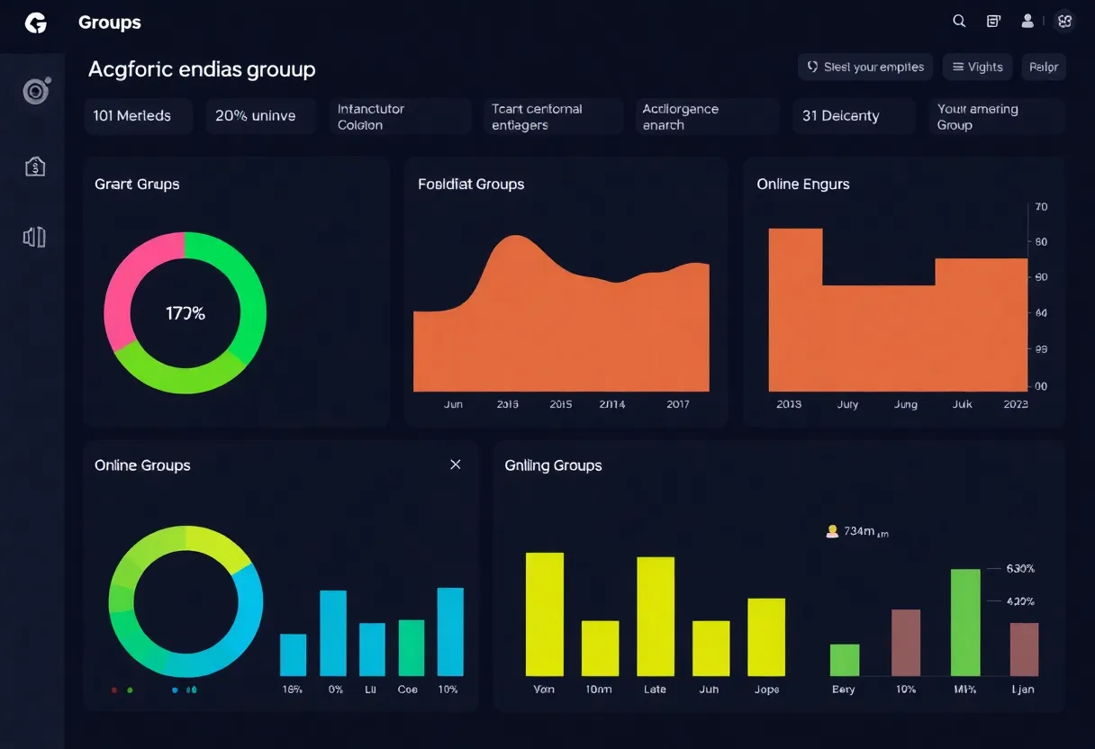 Colorful dashboard displaying engagement metrics for online groups.