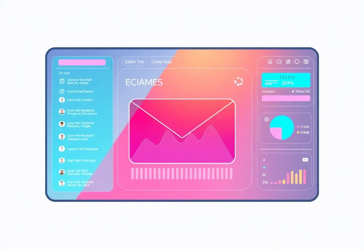 Futuristic email interface with dynamic data visualization elements.