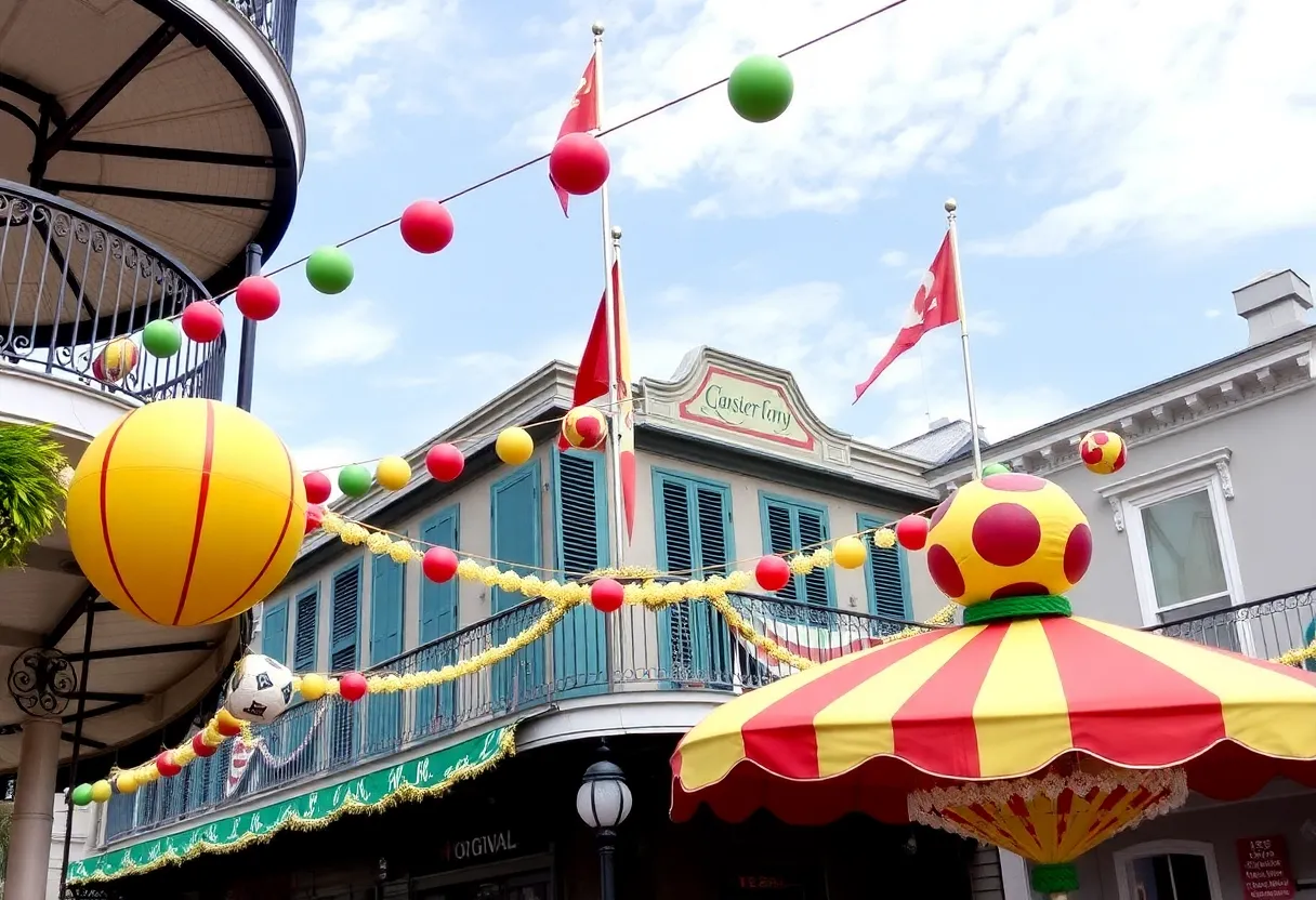 Colorful carnival decorations with game-inspired elements in New Orleans.