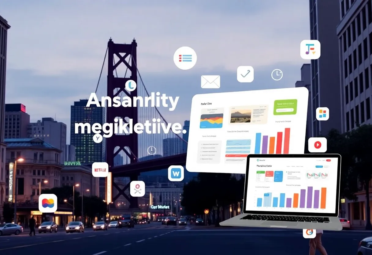 Dynamic digital marketing tools showcased in vibrant San Francisco setting.