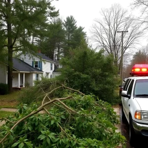 Neighborhoods recovering after storm, fallen trees and power crews.