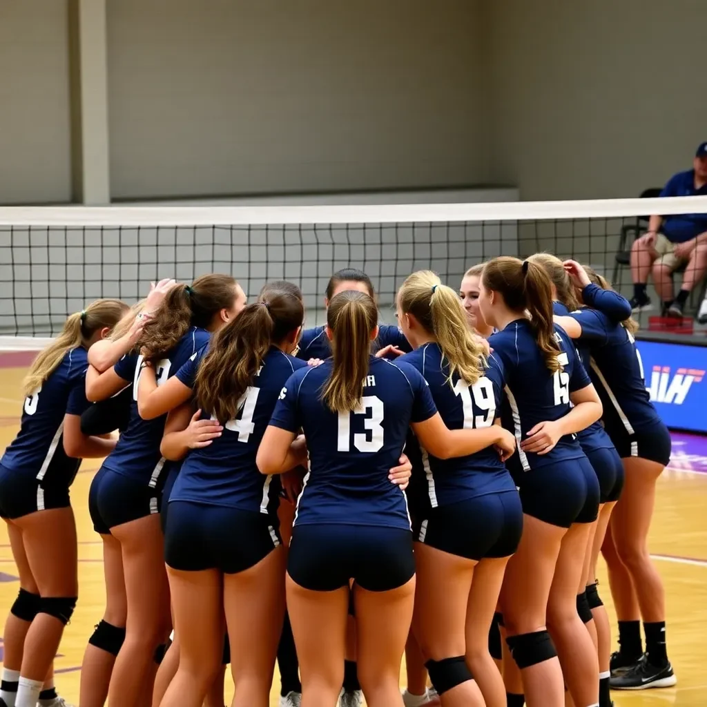 Volleyball team huddle celebrating new beginnings and teamwork.