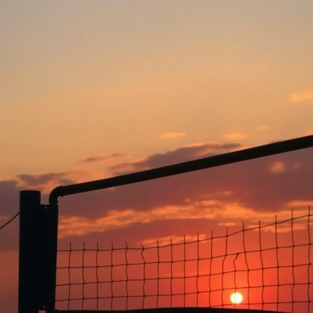 Volleyball net silhouetted against a sunset sky.