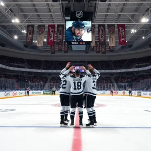 Ice hockey rink with triumphant team celebration banners.