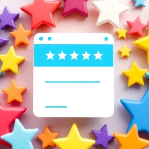 Multi-colored stars around a smiling customer review screen.