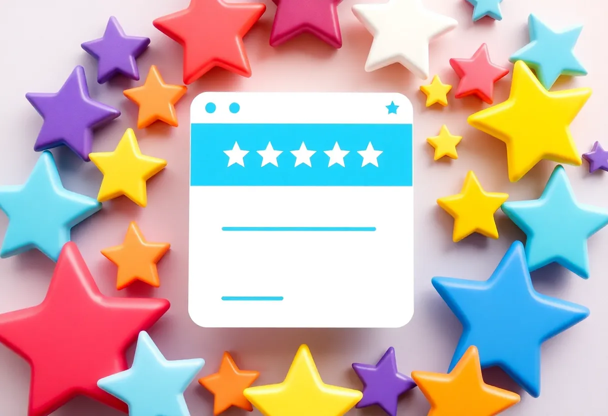 Multi-colored stars around a smiling customer review screen.