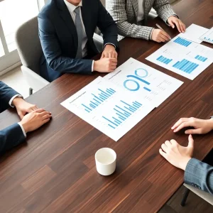 Business meeting with charts and budget documents on table.