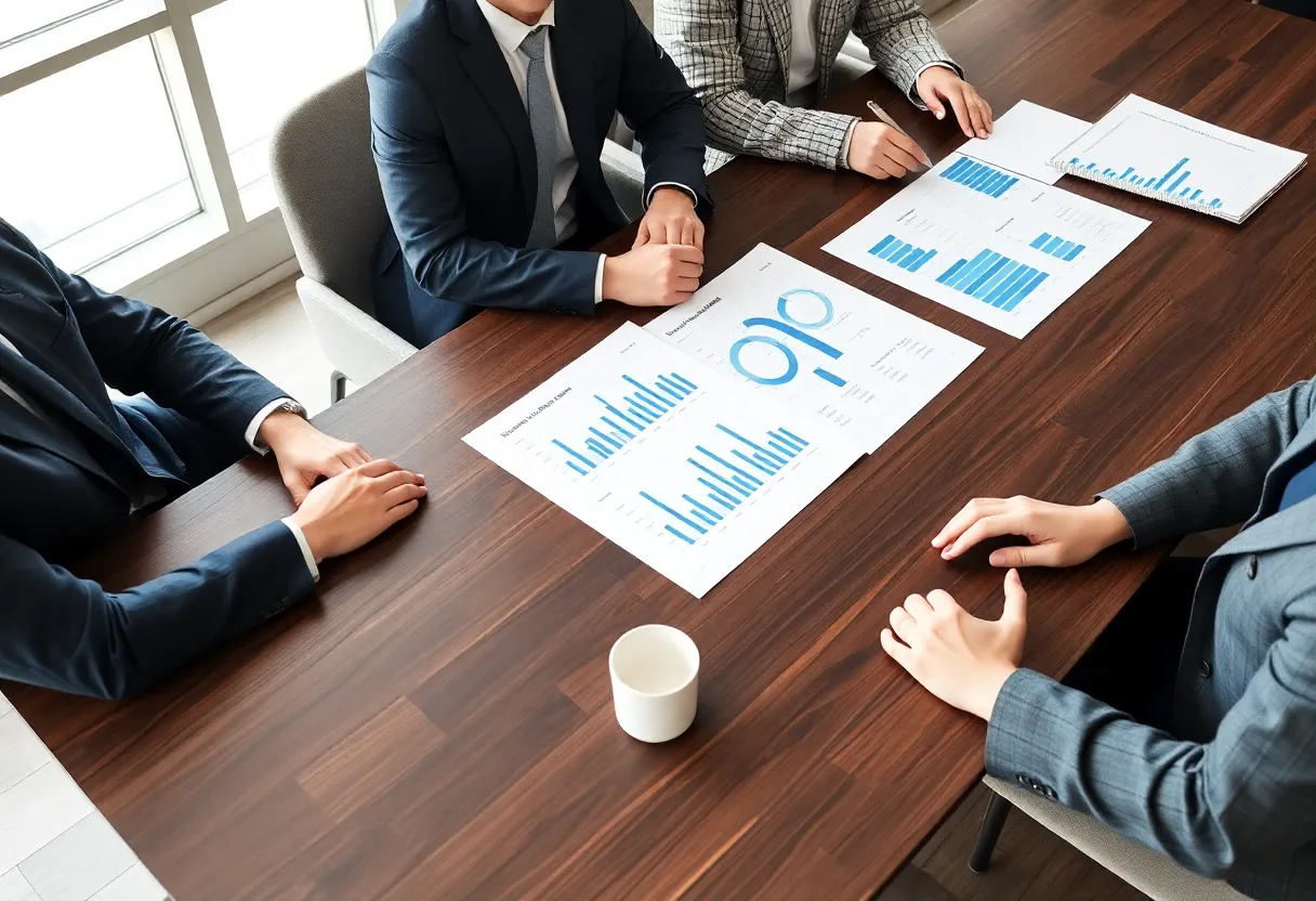 Business meeting with charts and budget documents on table.