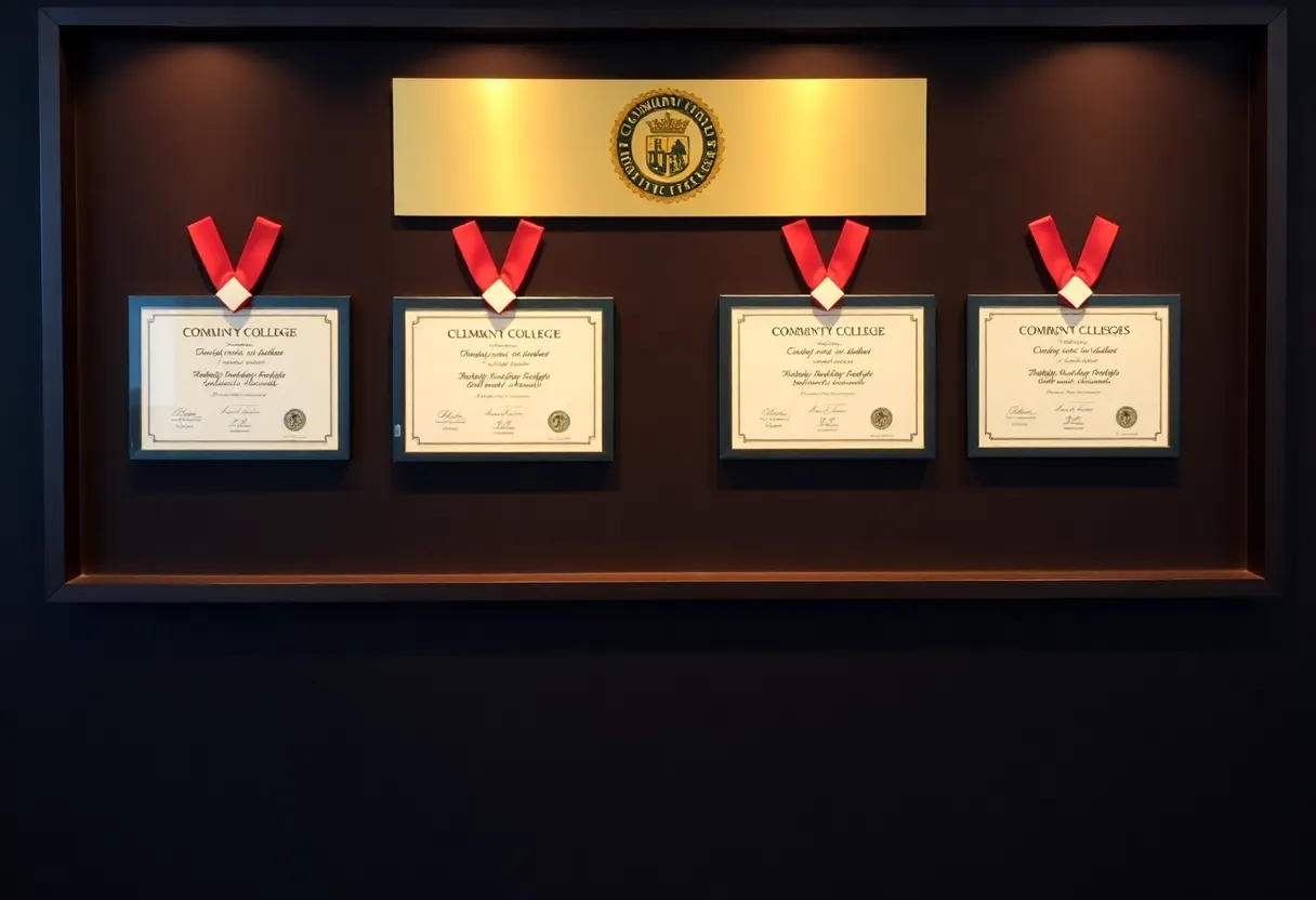 Celebratory awards display with community college insignia.