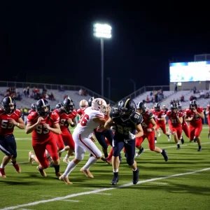 Dynamic high school football action under stadium lights.