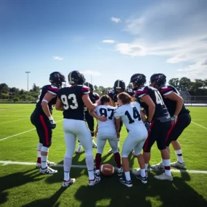 Dynamic football huddle with teamwork and strategy focus.