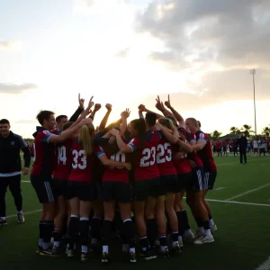 Cheerful team huddle on a sports field celebration.