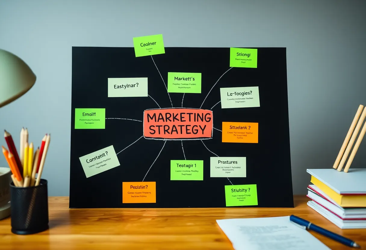 Colorful marketing strategy mind map on a desk.