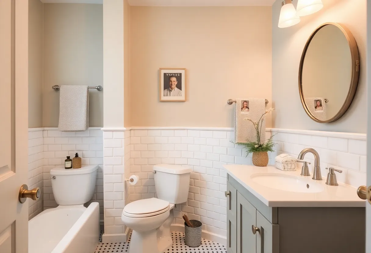 Stylish budget bathroom remodel showcasing modern fixtures and decor.