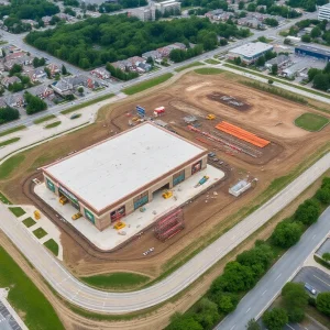 Site of the redevelopment of the former Detroit House of Corrections showing construction activity.