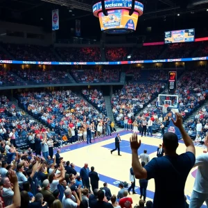 Crowd cheering at a basketball game in East Lansing