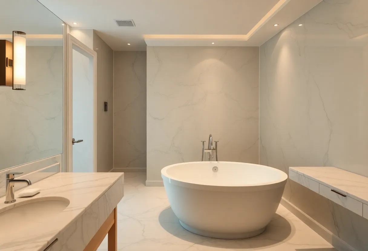 Beautifully designed luxury bathroom with freestanding bathtub and marble accents.