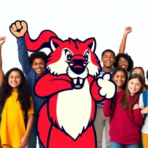 Students celebrating new school mascot