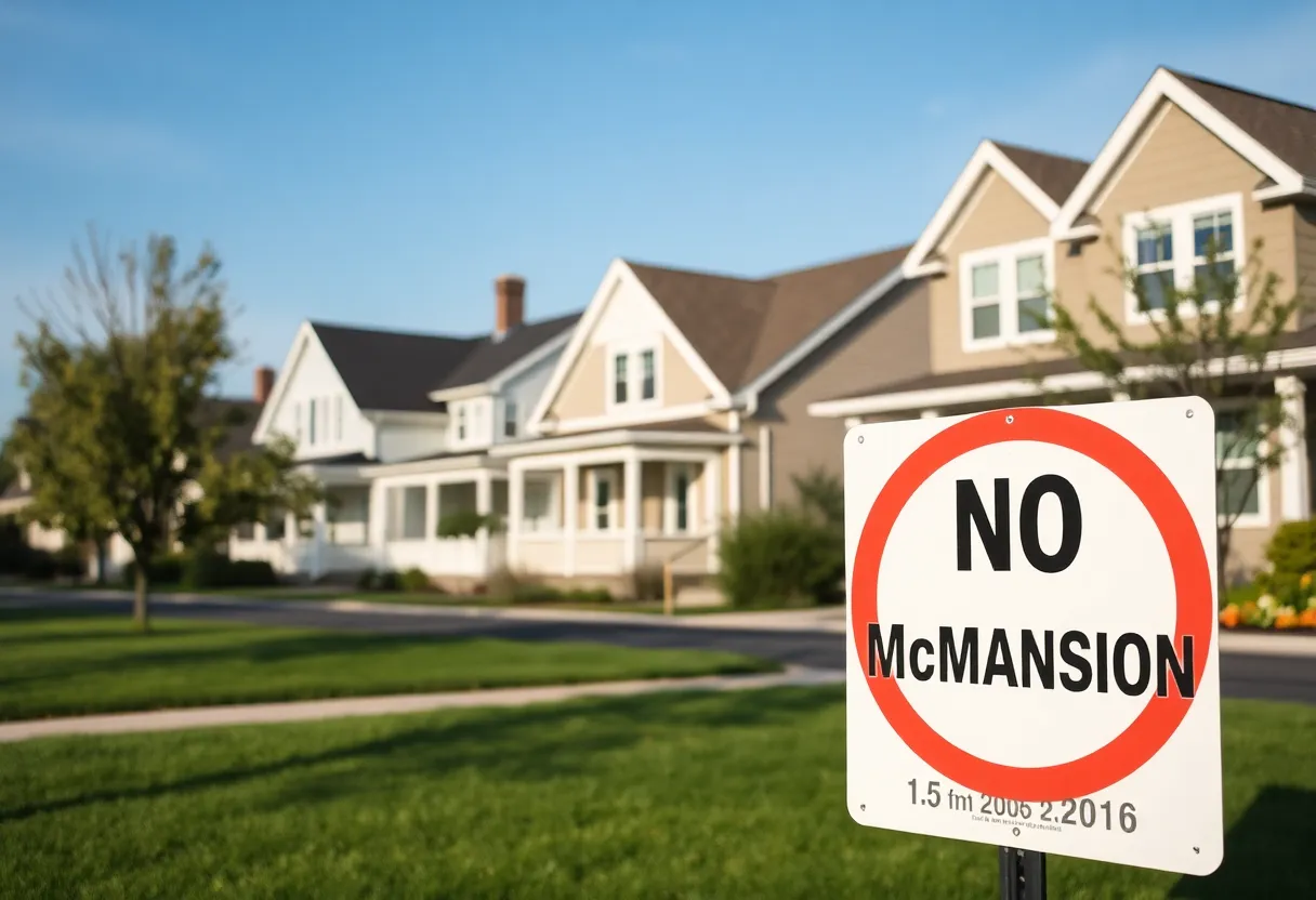 A picturesque neighborhood in Plymouth with diverse home styles and a sign against McMansions.