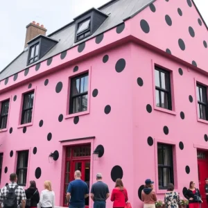 Bright pink building with polka dots in Plymouth, Michigan