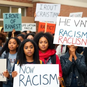 Students holding signs against racism at Plymouth school protest