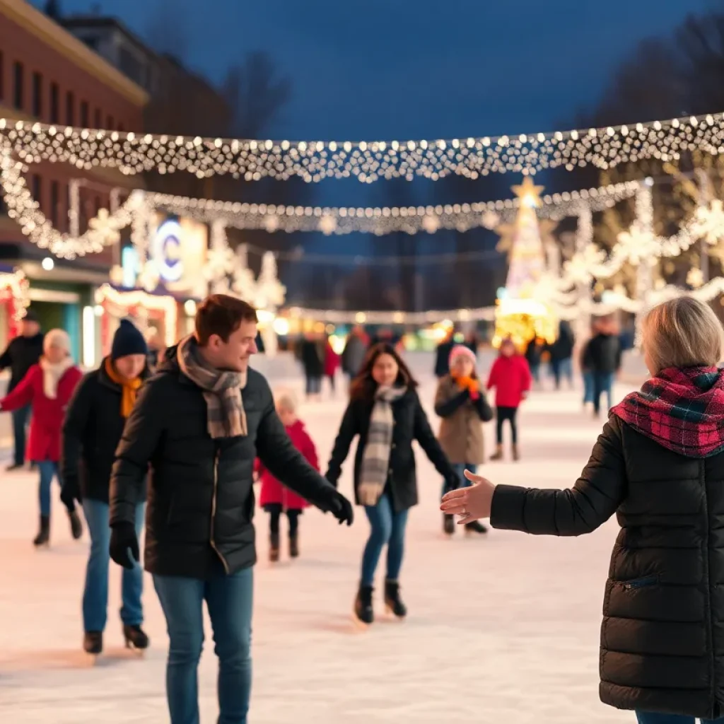 Families skating on a beautiful outdoor ice rink in Southeast Michigan